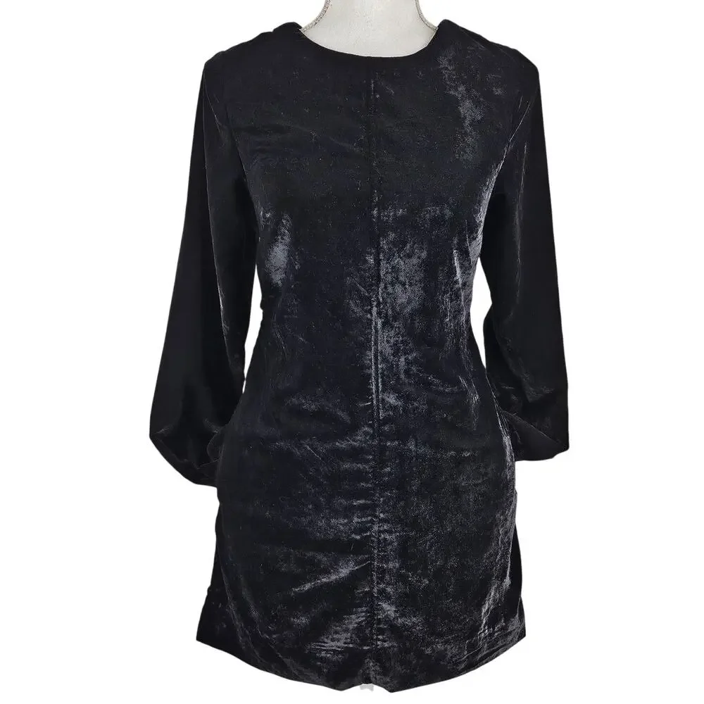 FREE PEOPLE CHELSEY BLACK VELOUR OPEN BACK MINI DRESS – SIZE XS – FITTED SLEEVES